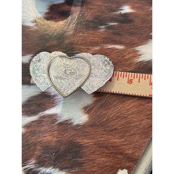Sterling Silver Plate Montana Silversmiths Triple Heart Belt Buckle Western - Picture 8 of 10